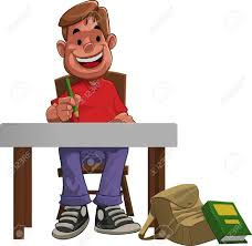 Smiling student holding a pencil while sitting at a desk with a backpack and book on the floor.
